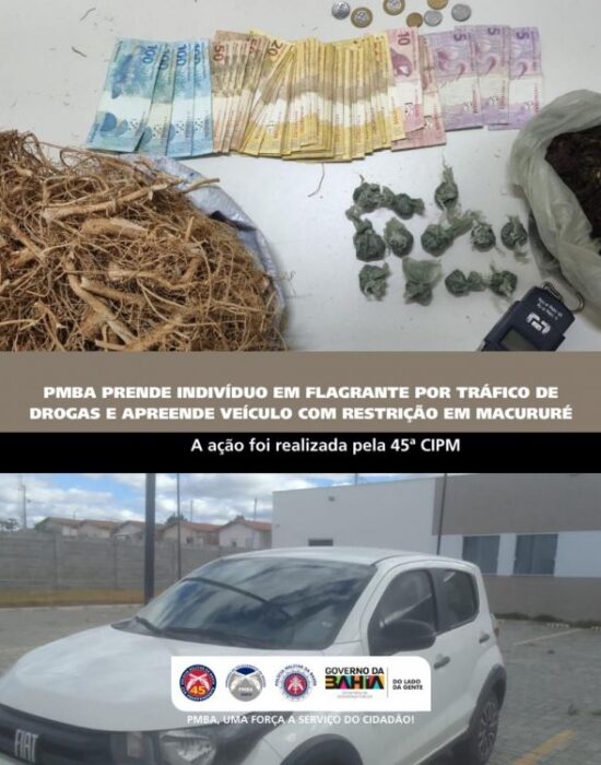 PMBA PRENDE INDIVÍDUO EM FLAGRANTE POR TRÁFICO DE DROGAS E APREENDE VEÍCULO COM RESTRIÇÃO EM MACURURÉ