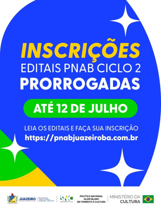 Prefeitura de Juazeiro prorroga até 12 de julho inscrições para editais da Política Nacional Aldir Blanc com investimento de R$ 1,27 milhão na cultura