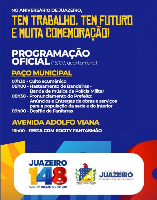 Juazeiro celebra 148 anos com programação festiva, inaugurações e anúncios de novos investimentos
