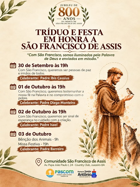 Tríduo em honra a São Francisco de Assis começa nesta quarta-feira em Juazeiro com ações de solidariedade
