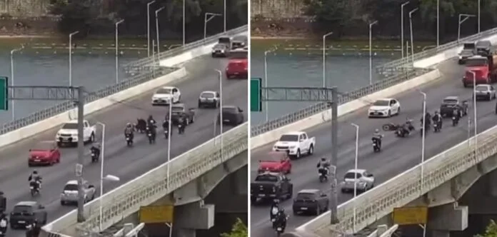 Duas motos derrapam na Ponte Presidente Dutra por causa de óleo na pista